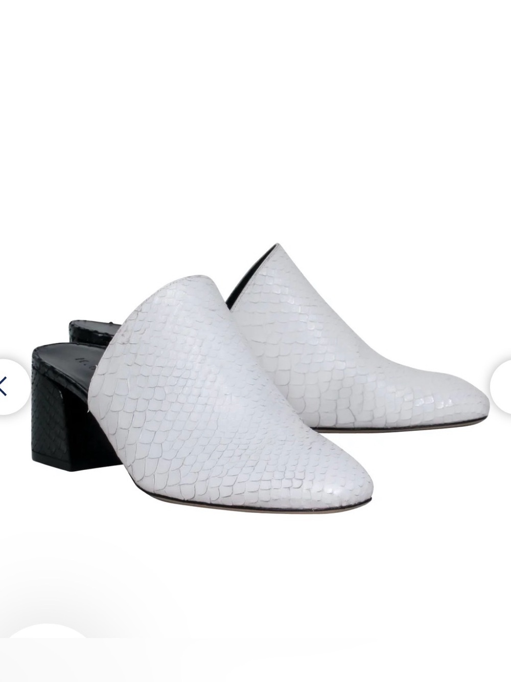 M. Gemi White Textured Pointed Mules with Black Block Heel 9